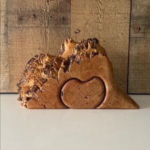 VTG Fred and Marilyn Buss live edge maple burl wood puzzle trinket box w/heart